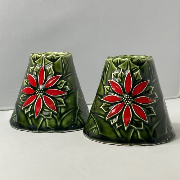 2 Vintage Enesco‎ Poinsettia Taper Candle Holders Japan - Picture 1 of 8
